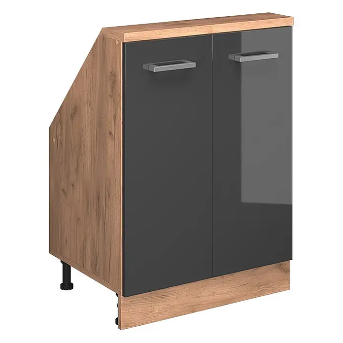 Vicco Küchenleerblock R-Line Anthrazit Hochglanz mit 2 Türen - Breite: 60 cm, Anthrazit Hochglanz - Glänzender dunkelgrauer Küchenunterschrank mit Holzplatte, angeschrägter Seite und silbernen Griffen.