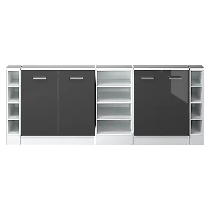 Vicco Küchenleerblock R-Line Anthrazit Hochglanz 5er Set - Breite: 210 cm, Anthrazit Hochglanz - Modulares Aufbewahrungsmöbel mit weißen offenen Regalen und glänzenden dunkelgrauen Türen.