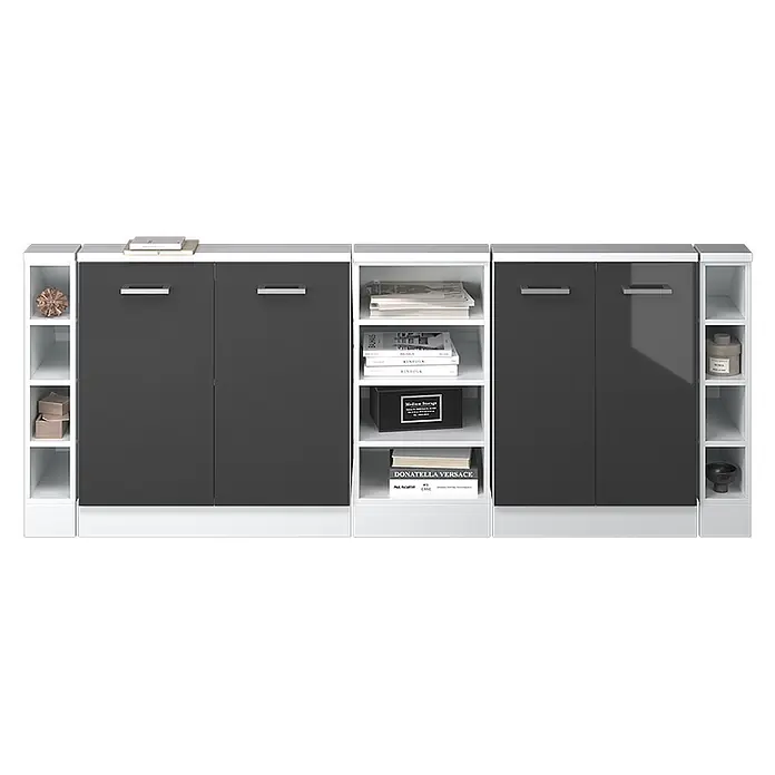 Vicco Küchenleerblock R-Line Anthrazit Hochglanz 5er Set - Breite: 210 cm, Anthrazit Hochglanz - Modulares Aufbewahrungsmöbel mit dunkelgrauen Hochglanz-Schranktüren und weißen offenen Regalen.