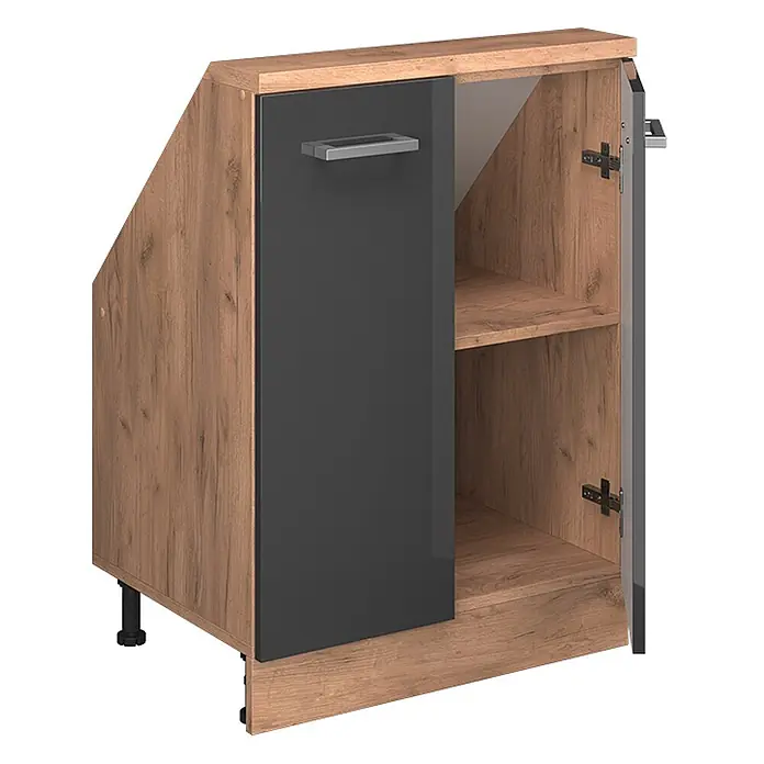 Vicco Küchenleerblock R-Line Anthrazit Hochglanz mit 2 Türen - Breite: 60 cm, Anthrazit Hochglanz - Holzmaserung Unterschrank mit schräger Seite, dunkelgrauer Glanztür, silbernem Griff und verstellbaren Füßen.