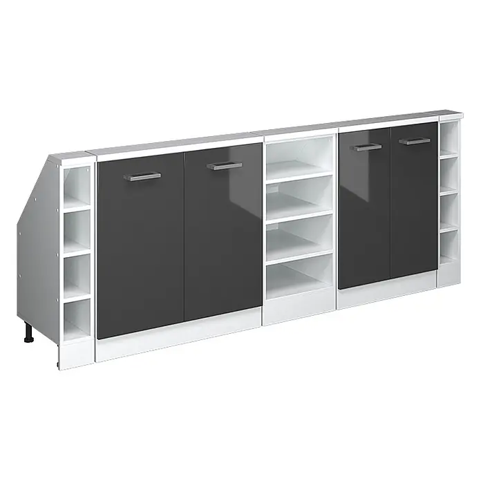 Vicco Küchenleerblock R-Line Anthrazit Hochglanz 5er Set - Breite: 210 cm, Anthrazit Hochglanz - Modernes weiß-dunkelgraues Sideboard mit glänzenden Schranktüren und offenen Ablagefächern, mit abgeschrägtem linken Ende.