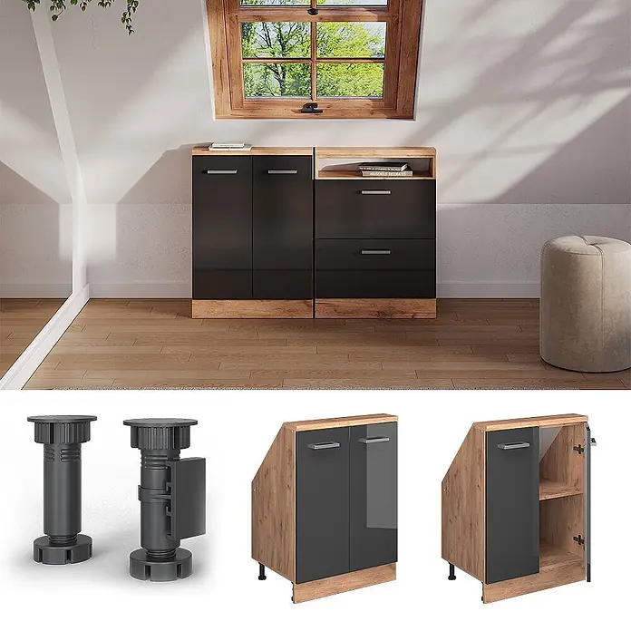Vicco Küchenleerblock R-Line Anthrazit Hochglanz mit 2 Türen - Breite: 60 cm, Anthrazit Hochglanz - Zwei schwarz-holzfarbene Dachschrägenschränke mit verstellbaren Füßen, im Dachzimmer und einzeln gezeigt, einer geöffnet mit Regal.