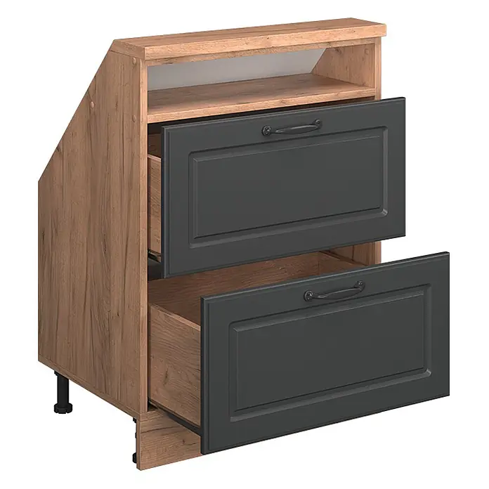 Vicco Küchenleerblock R-Line Anthrazit Landhaus mit 2 Schubladen - Breite: 60 cm, Anthrazit Landhaus - Brauner Holzoptik-Unterschrank mit zwei teils geöffneten dunkelgrauen Schubladen und abgeschrägter Oberseite.