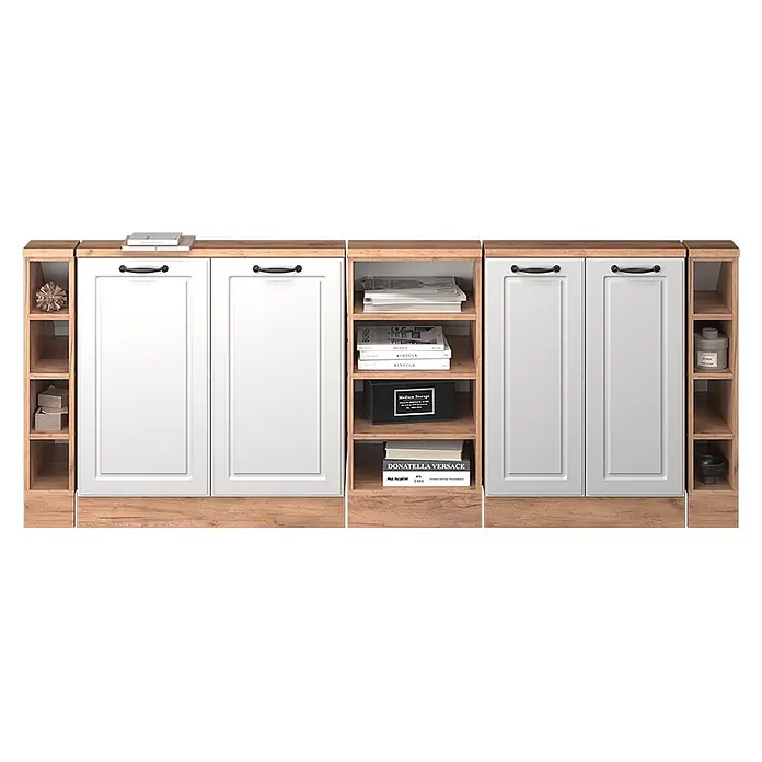 Vicco Schrankküche R-Line Weiß Landhaus 5er Set - Weiß Landhaus, Dachschrägenzeile 210cm - Modulares Stauraum-Möbel in Weiß und Holzoptik mit Kassettenüren und offenen Regalen.