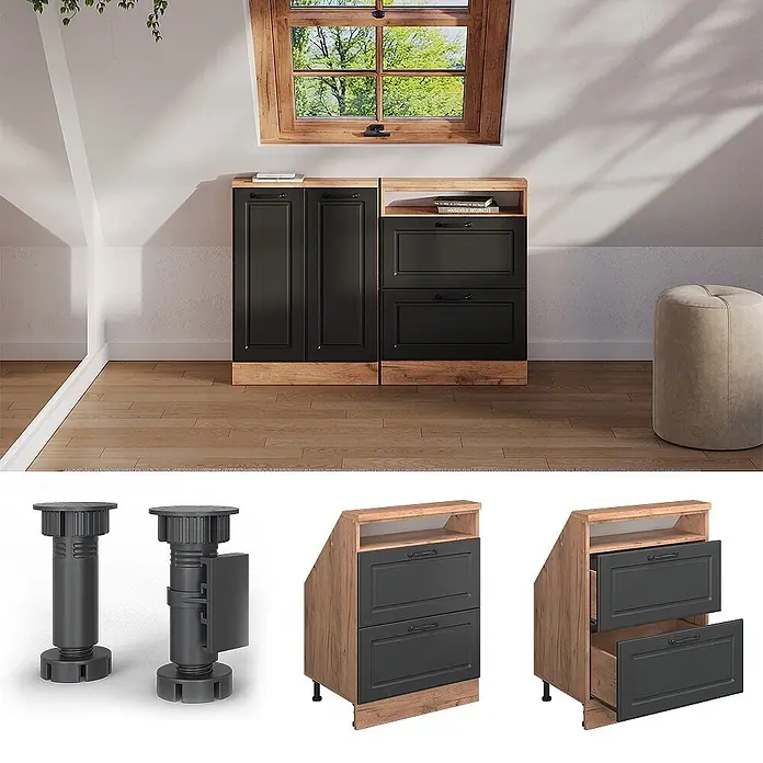 Vicco Küchenleerblock R-Line Anthrazit Landhaus mit 2 Schubladen - Breite: 60 cm, Anthrazit Landhaus - Zwei schwarze und holzfarbene Dachschrägen-Schränke mit Schubladen und Türen, Raumansicht, verstellbaren Füßen und offenen Schubladen.
