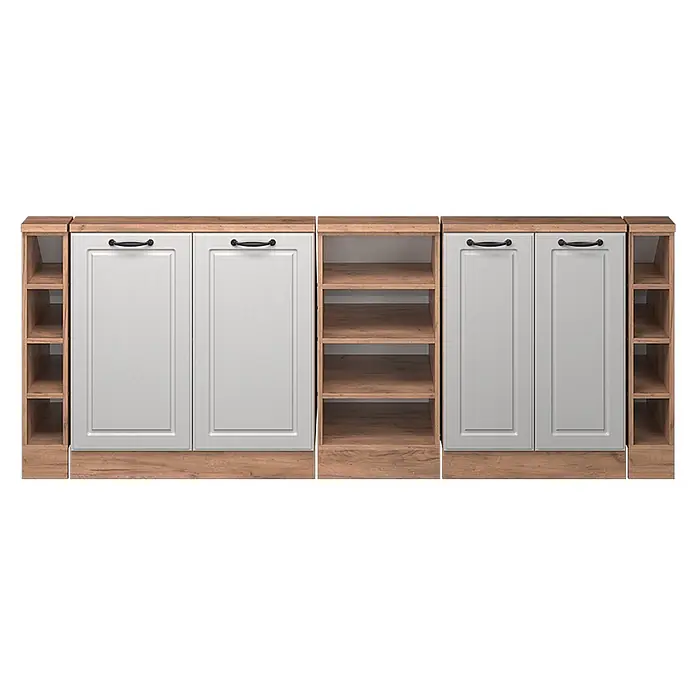 Vicco Schrankküche R-Line Weiß Landhaus 5er Set - Weiß Landhaus, Dachschrägenzeile 210cm - Küchenunterschränke mit hellgrauen Türen, Holzoptik-Arbeitsplatten, Sockeln und offenen Regaleinheiten zur Aufbewahrung.
