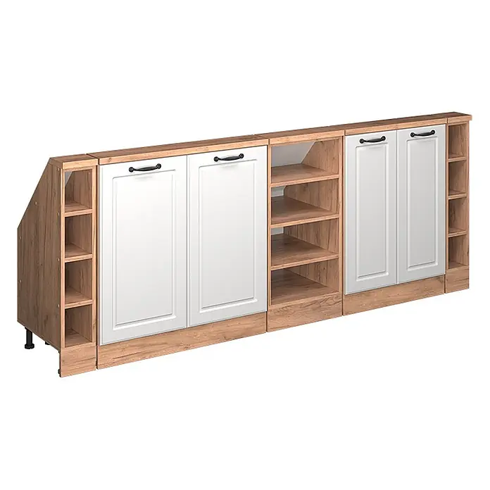 Vicco Schrankküche R-Line Weiß Landhaus 5er Set - Weiß Landhaus, Dachschrägenzeile 210cm - Modulares Küchensideboard in Weiß und heller Holzoptik mit geschlossenen Schränken und offenen Regalen.