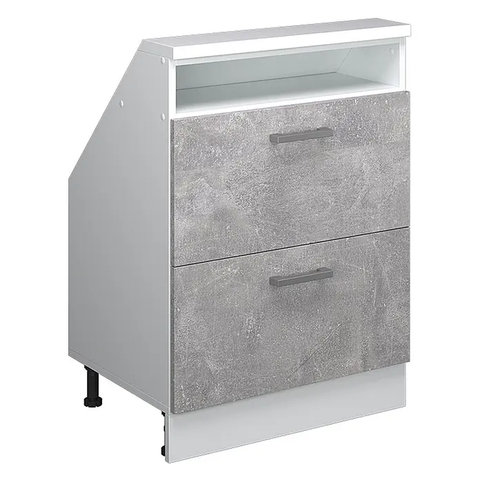 Vicco Schrankküche R-Line Beton mit 2 Schubladen - Beton, Dachschrägenschrank 60cm mit Schublade - Abgeschrägter weißer Unterschrank mit zwei Schubladen in Betonoptik, offenem Fach und verstellbaren Füßen.
