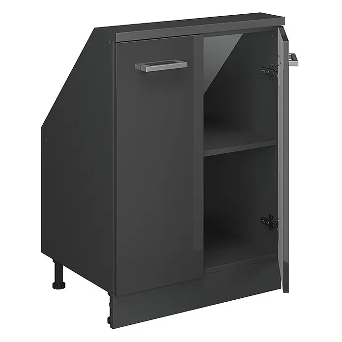 Vicco Küchenleerblock R-Line Anthrazit Hochglanz mit 2 Türen - Breite: 60 cm, Anthrazit Hochglanz - Anthrazitfarbener Eckunterschrank mit offener Tür und Innenregal, mit einem eleganten Metallgriff.