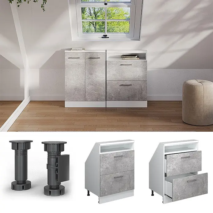 Vicco Schrankküche R-Line Beton mit 2 Schubladen - Beton, Dachschrägenschrank 60cm mit Schublade - Niedriger Schrank mit grauen Betonoptik-Fronten und weißem Rahmen, für Dachschrägen, mit Schubladen/Türen und verstellbaren Füßen.