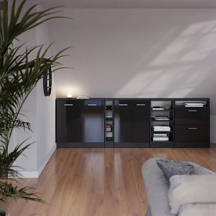 Vicco Küchenleerblock R-Line Anthrazit Hochglanz mit 2 Türen - Breite: 60 cm, Anthrazit Hochglanz - Elegantes, glänzend schwarzes modulares Schranksystem mit Türen, Schubladen und offenen Fächern, organisiert in einem modernen Wohnzimmer.