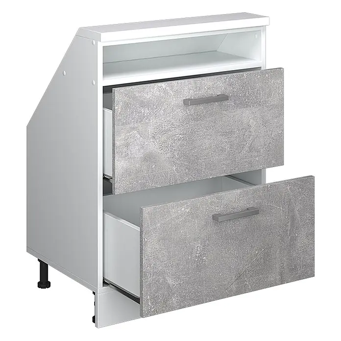 Vicco Schrankküche R-Line Beton mit 2 Schubladen - Beton, Dachschrägenschrank 60cm mit Schublade - Weißer Küchenunterschrank mit zwei teils geöffneten Schubladen in Betonoptik und einem offenen Fach. Schräge Seitenwand, verstellbare Füße.