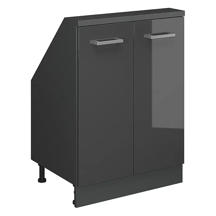 Vicco Küchenleerblock R-Line Anthrazit Hochglanz mit 2 Türen - Breite: 60 cm, Anthrazit Hochglanz - Dunkelgrauer Hochglanz-Küchenunterschrank mit zwei Türen, Silbergriffen, abgeschrägter Seite und verstellbaren Füßen.
