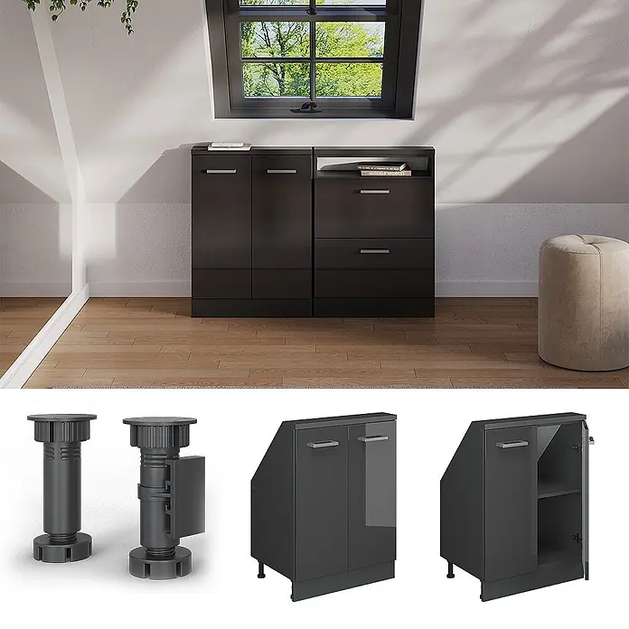 Vicco Küchenleerblock R-Line Anthrazit Hochglanz mit 2 Türen - Breite: 60 cm, Anthrazit Hochglanz - Dunkelgraue Hochglanz-Dachschrägenschränke mit Türen, Schubladen und verstellbaren Füßen.