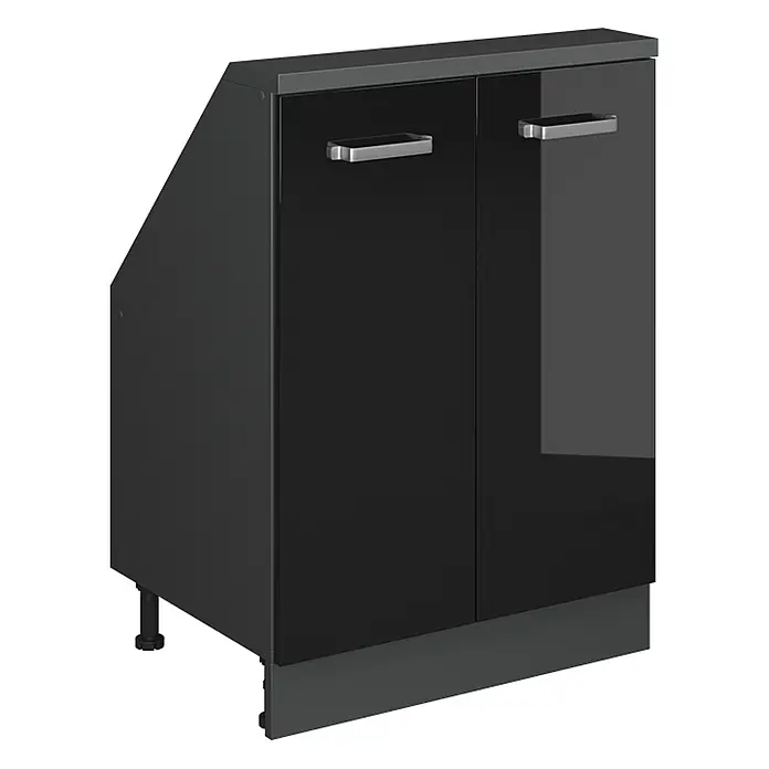 Vicco Küchenleerblock R-Line Schwarz Hochglanz mit 2 Türen - Breite: 60 cm, Schwarz Hochglanz - Dunkelgrauer Küchenunterschrank mit zwei glänzend schwarzen Türen, silbernen Griffen und abgeschrägter linker Seite.