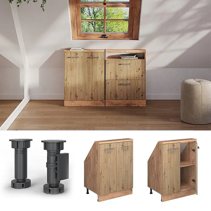 Vicco Schrankküche R-Line Artisan-Eiche mit 2 Türen - Artisan-Eiche, Dachschrägenschrank 60cm - Zwei helle Holzschränke mit Lamellenfront für Dachschrägen, mit verstellbaren Füßen. Ein Schrank zeigt eine Innenablage.