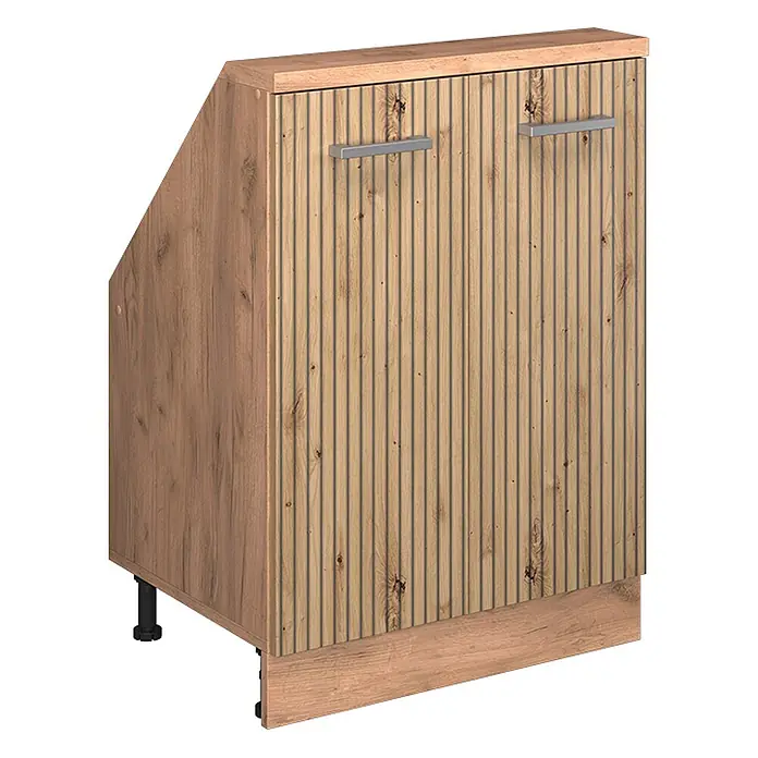 Vicco Schrankküche R-Line Artisan-Eiche mit 2 Türen - Artisan-Eiche, Dachschrägenschrank 60cm - Hellbrauner Holzunterschrank mit geriffelter Front, zwei Türen und silbernen Griffen, mit schräger Seite.
