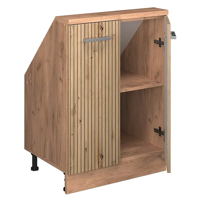 Vicco Schrankküche R-Line Artisan-Eiche mit 2 Türen - Artisan-Eiche, Dachschrägenschrank 60cm - Holzunterschrank mit schräger Seite, offener Tür, Regalen und gerippter Frontplatte.