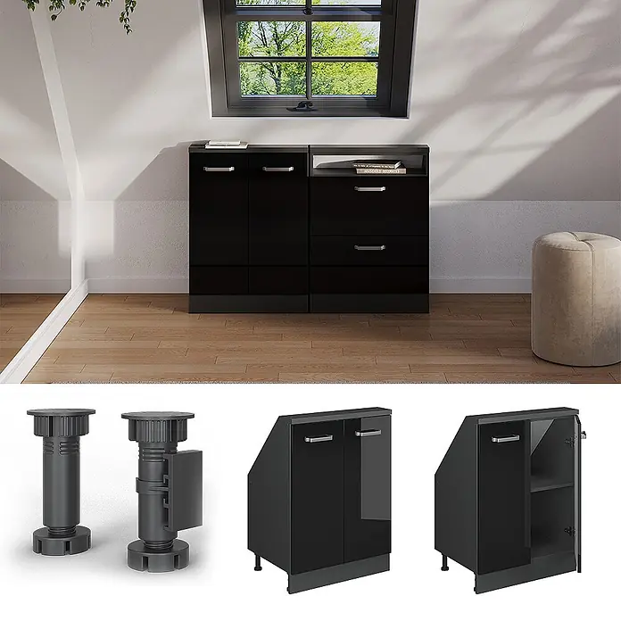 Vicco Küchenleerblock R-Line Schwarz Hochglanz mit 2 Türen - Breite: 60 cm, Schwarz Hochglanz - Schwarze Hochglanz-Modulschränke mit Türen und Schubladen, in einem Dachzimmer platziert.