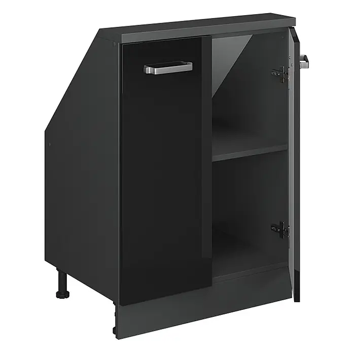 Vicco Küchenleerblock R-Line Schwarz Hochglanz mit 2 Türen - Breite: 60 cm, Schwarz Hochglanz - Dunkelgrauer Spülenunterschrank mit offenen und geschlossenen Türen, zwei Regalböden, verstellbare Füße und Sockel.