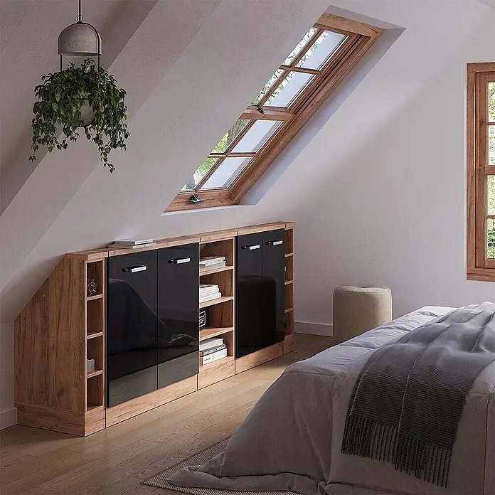 Vicco Küchenleerblock R-Line Schwarz Hochglanz 5er Set - Breite: 210 cm, Schwarz Hochglanz - Modulare Aufbewahrung in Holzoptik und Schwarzglanz für schräge Decken, mit Regalen und Schränken.
