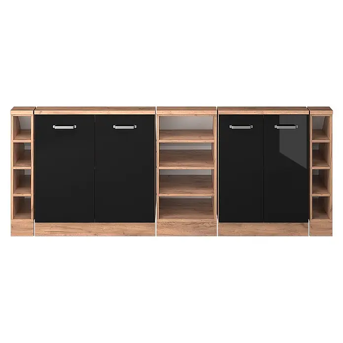Vicco Küchenleerblock R-Line Schwarz Hochglanz 5er Set - Breite: 210 cm, Schwarz Hochglanz - Modulares Sideboard mit schwarzen Türen, silbernen Griffen und hellem Holzdekorrahmen mit offenen Fächern.