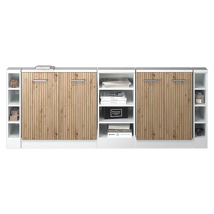 Küchenschrank für Dachschrägen R-Line 210 cm Artisan-Eiche Art.-Nr. 58198 -  - Modulares Schranksystem mit Holzlamellentüren und weißen offenen Regalen.