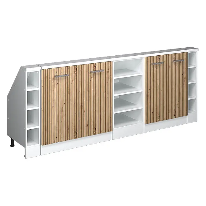 Küchenschrank für Dachschrägen R-Line 210 cm Artisan-Eiche Art.-Nr. 58198 -  - Weißes, modulares Schrankelement mit Holzlamellentüren, offenen Fächern und angeschrägtem Ende.