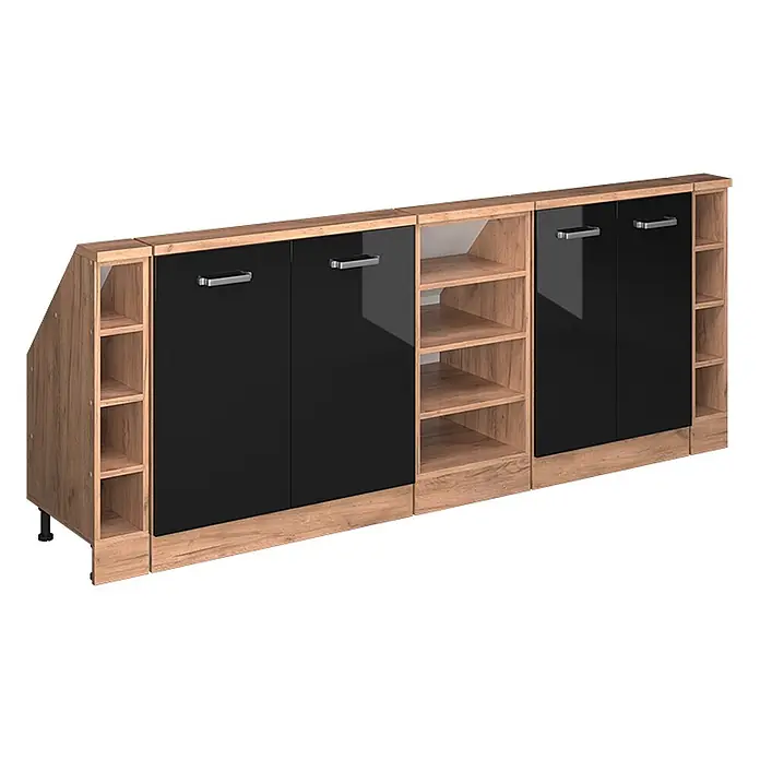 Vicco Küchenleerblock R-Line Schwarz Hochglanz 5er Set - Breite: 210 cm, Schwarz Hochglanz - Langer Stauraumschrank in heller Holzoptik mit glänzenden schwarzen Türen. Verfügt über offene Regale und ein schräges Ende.