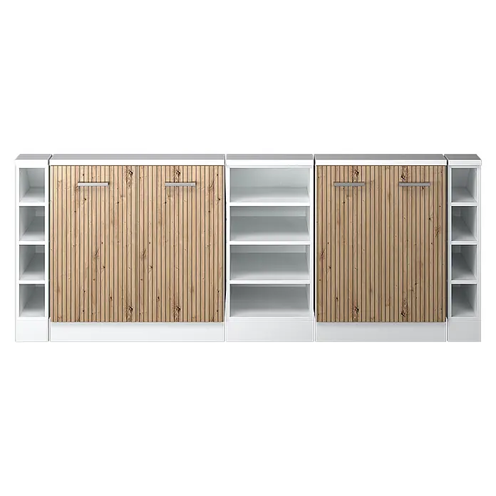 Küchenschrank für Dachschrägen R-Line 210 cm Artisan-Eiche Art.-Nr. 58198 -  - Modulare Wandregalanlage mit weißen Rahmen, hellen Holzlamellentüren und offenen weißen Regalelementen.