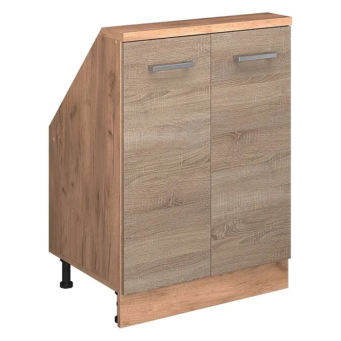 Vicco Schrankküche R-Line Sonoma mit 2 Türen - Sonoma, Dachschrägenschrank 60cm - Heller Unterschrank in Eichenholzoptik mit zwei Türen, silbernen Griffen und schräger linker Seite. Mit passendem Sockel und verstellbaren Füßen.