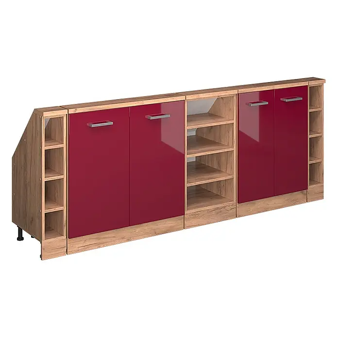 Vicco Küchenleerblock R-Line Rot Hochglanz 5er Set - Breite: 210 cm, Rot Hochglanz - Modulares Sideboard in Holzoptik mit glänzenden roten Türen, offenen Regalfächern und einer schrägen linken Seite.