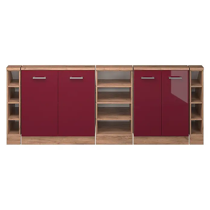 Vicco Küchenleerblock R-Line Rot Hochglanz 5er Set - Breite: 210 cm, Rot Hochglanz - Modulares Sideboard mit glänzenden roten Türen und offenen Regalfächern in Holzoptik.