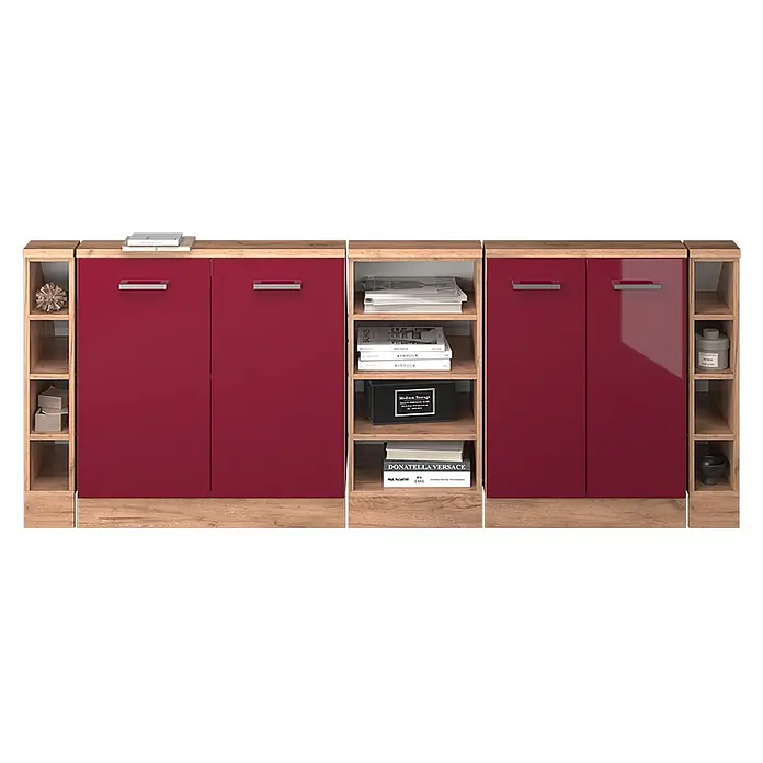 Vicco Küchenleerblock R-Line Rot Hochglanz 5er Set - Breite: 210 cm, Rot Hochglanz - Modulares Aufbewahrungsmöbel mit glänzenden roten Türen und hellen Holz-Regalelementen.