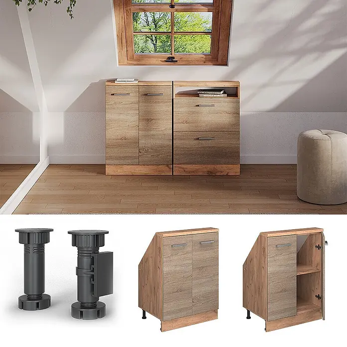 Vicco Schrankküche R-Line Sonoma mit 2 Türen - Sonoma, Dachschrägenschrank 60cm - Helle Holz-Modulschränke mit Türen, Schubladen und verstellbaren Füßen, für Dachschrägen konzipiert, im Dachzimmer gezeigt.