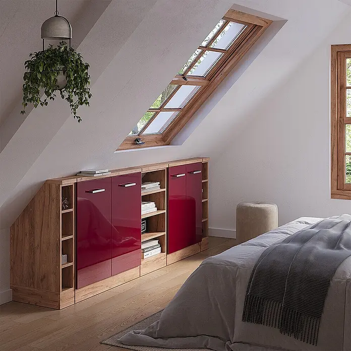 Vicco Küchenleerblock R-Line Rot Hochglanz 5er Set - Breite: 210 cm, Rot Hochglanz - Rote Hochglanz- und Holzschränke, passend unter eine Dachschräge in einem modernen Schlafzimmer.
