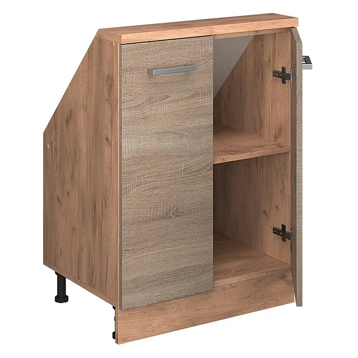 Vicco Schrankküche R-Line Sonoma mit 2 Türen - Sonoma, Dachschrägenschrank 60cm - Heller Unterschrank in Holzoptik mit angeschrägter Seite, zwei Türen und einem Innenregal.