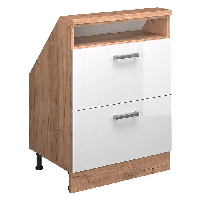 Vicco Küchenleerblock R-Line Weiß Hochglanz mit 2 Schubladen - Breite: 60 cm, Weiß Hochglanz - Zweischübiger Küchenunterschrank mit offenem Fach, Holzmaserung und glänzenden weißen Fronten.