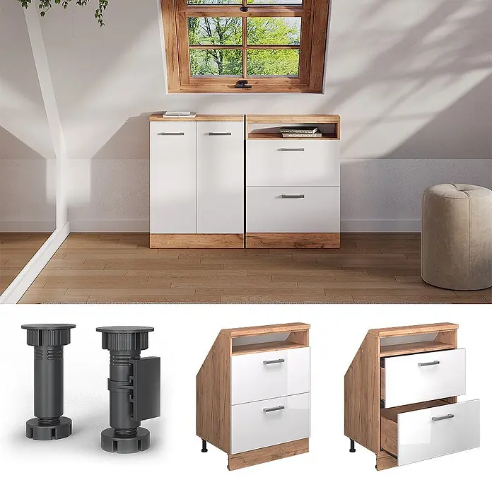 Vicco Küchenleerblock R-Line Weiß Hochglanz mit 2 Schubladen - Breite: 60 cm, Weiß Hochglanz - Modulare Dachbodenschränke mit weißen Hochglanzfronten und Holzoptik-Details, bestehend aus Schrank und Schubladeneinheit, im Dachraum.