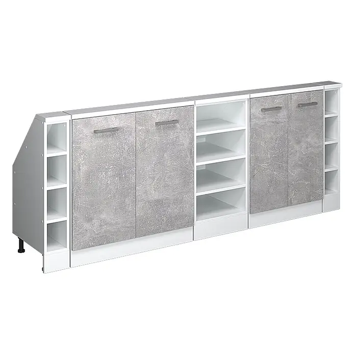 Vicco Schrankküche R-Line Beton 5er Set - Beton, Dachschrägenzeile 210cm - Weiß-graue Schrankkombination mit offenen Fächern und geschlossenen Türen.
