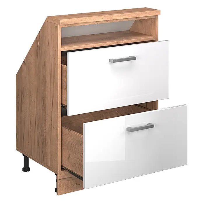 Vicco Küchenleerblock R-Line Weiß Hochglanz mit 2 Schubladen - Breite: 60 cm, Weiß Hochglanz - Holzfarbener Schrank mit zwei weißen Schubladen, eine offen, eine teilweise offen. Mit Ablagefächern oben und verstellbaren Füßen.