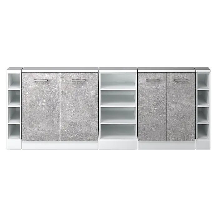 Vicco Schrankküche R-Line Beton 5er Set - Beton, Dachschrägenzeile 210cm - Modulare Anrichte mit grauen Türen in Betonoptik und weißen offenen Ablagefächern.
