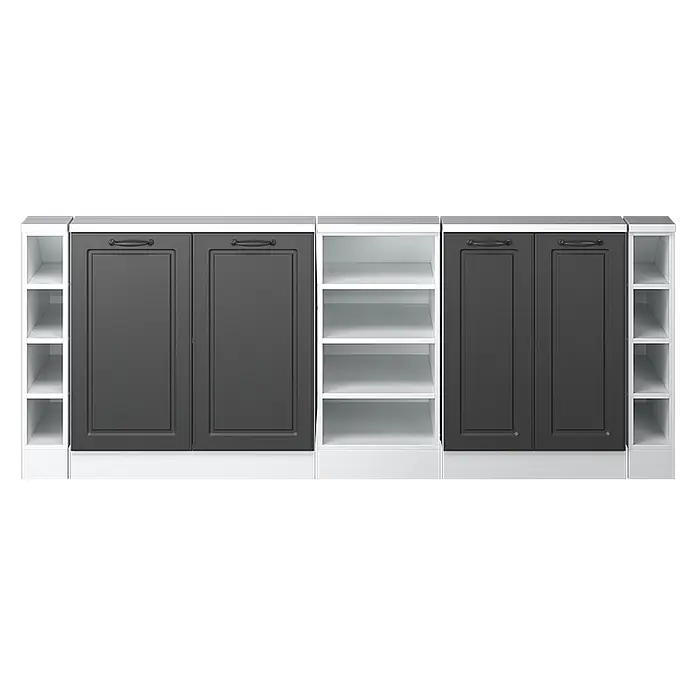 Vicco Schrankküche R-Line Anthrazit Landhaus 5er Set - Anthrazit Landhaus, Dachschrägenzeile 210cm - Modulares Schranksystem mit dunkelgrauen Türen und weißen offenen Regalen.