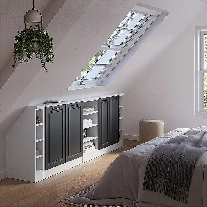 Vicco Schrankküche R-Line Anthrazit Landhaus 5er Set - Anthrazit Landhaus, Dachschrägenzeile 210cm - Weiße modulare Dachschrägen-Schränke mit schwarzen Türen und offenen Regalen, passend unter eine Schräge.