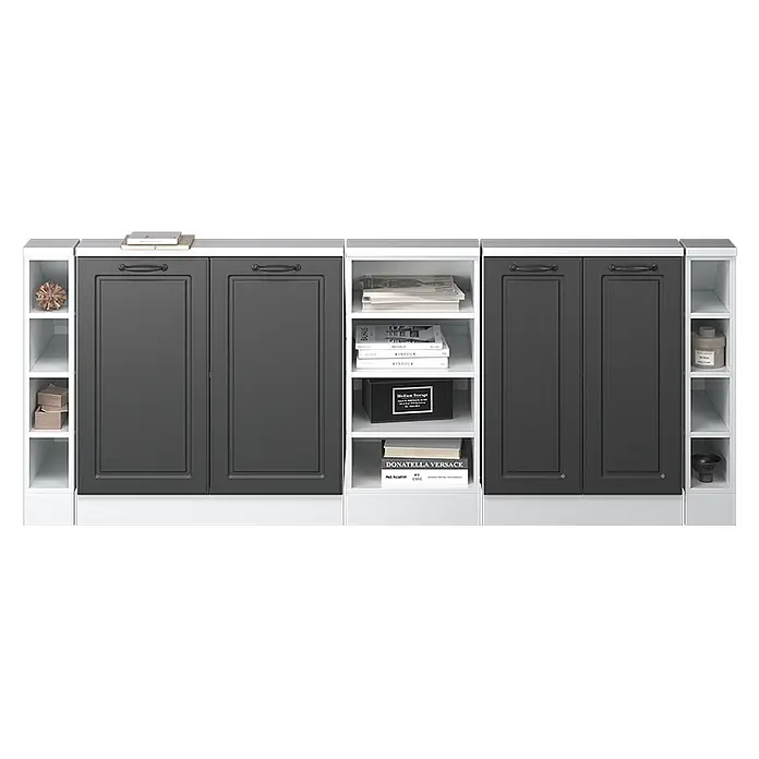 Vicco Schrankküche R-Line Anthrazit Landhaus 5er Set - Anthrazit Landhaus, Dachschrägenzeile 210cm - Modulares Stauraummöbel mit dunkelgrauen Schranktüren und weißen offenen Regalen, mit Deko und Büchern.