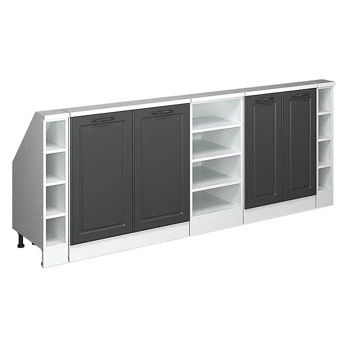 Vicco Schrankküche R-Line Anthrazit Landhaus 5er Set - Anthrazit Landhaus, Dachschrägenzeile 210cm - Modulare Unterschrankeinheit mit dunkelgrauen Türen, weißen offenen Regalen und schrägem Endteil auf verstellbaren Füßen.