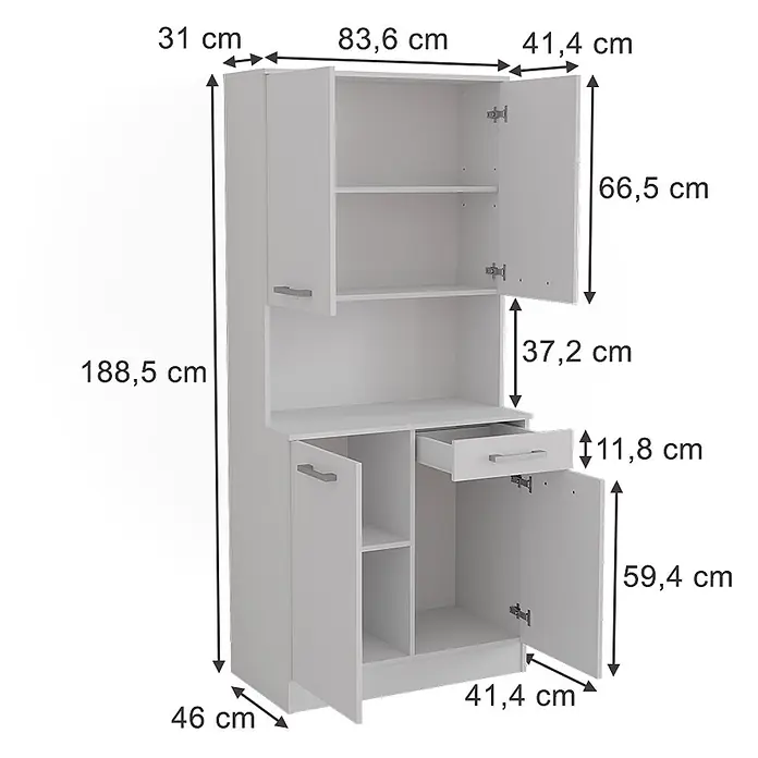 Küchenbuffet Raul 83.6 cm Weiß Art.-Nr. 58433 -  - Weißer Hochschrank mit Regalen und einer Schublade, Maße sind angegeben.