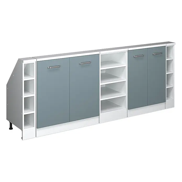 Vicco Schrankküche R-Line Blau-Grau 5er Set - Blau-Grau, Dachschrägenzeile 210cm - Moderner Modulschrank mit weißem Rahmen, offenen Regalen und blaugrauen Türen für vielseitige Aufbewahrung.