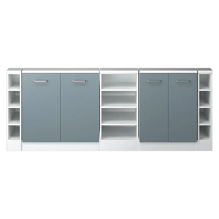 Vicco Schrankküche R-Line Blau-Grau 5er Set - Blau-Grau, Dachschrägenzeile 210cm - Modularer Schranksystem mit grau-blauen Türen und weißen offenen Regalen.