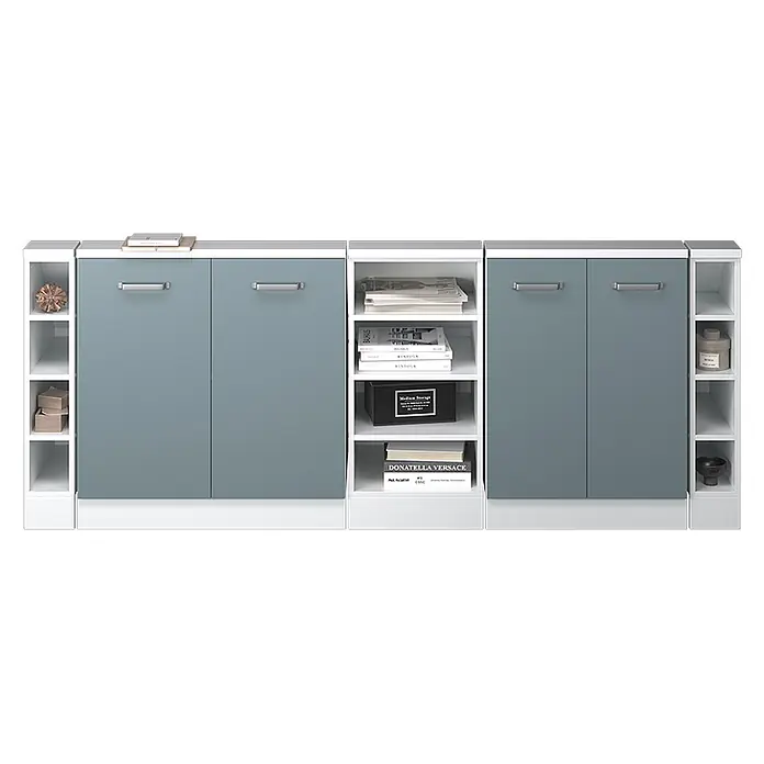 Vicco Schrankküche R-Line Blau-Grau 5er Set - Blau-Grau, Dachschrägenzeile 210cm - Modulares Aufbewahrungssystem mit weißen offenen Regalen und blaugrauen geschlossenen Schranktüren.